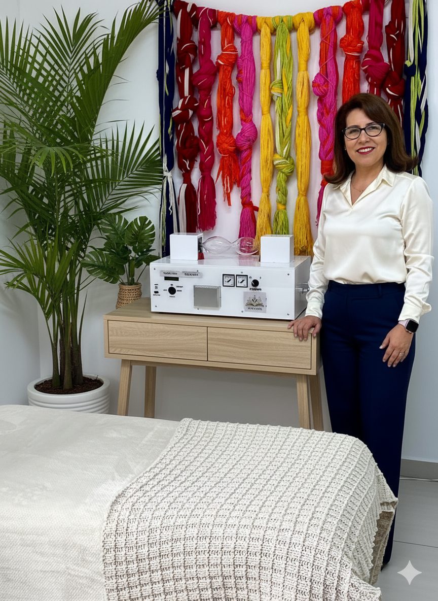 Terapeuta de Wiñay Vida junto al equipo de frecuencias